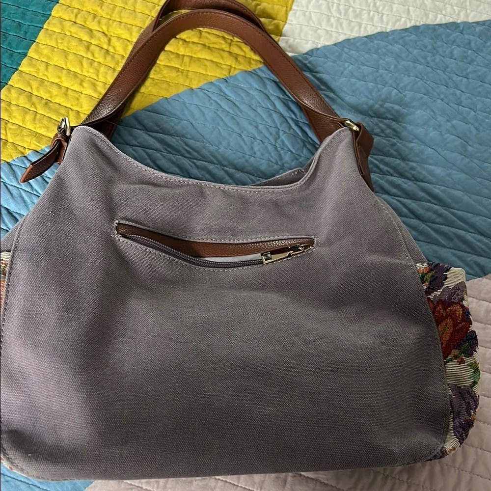 Worldlyda Purple Floral Bag with Slouchy Shape and Leather Handles